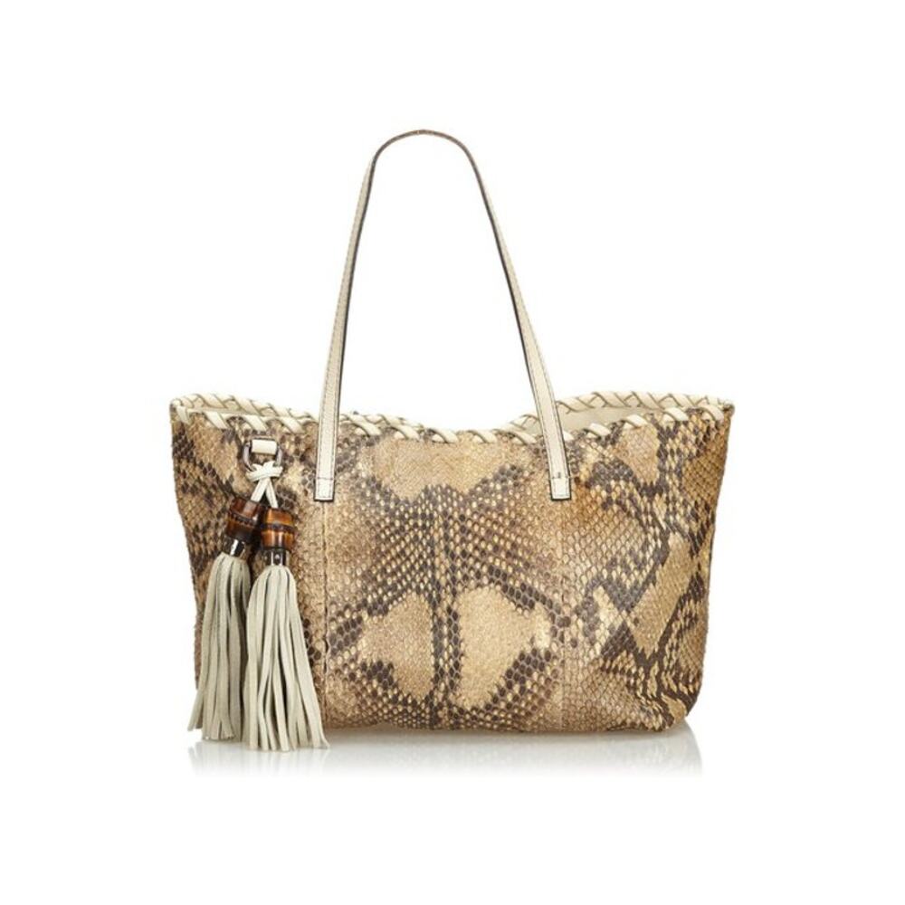 RARE Gucci Python Tote Bag Brown White Cream Dark brown Leather Purse w/ Tassels